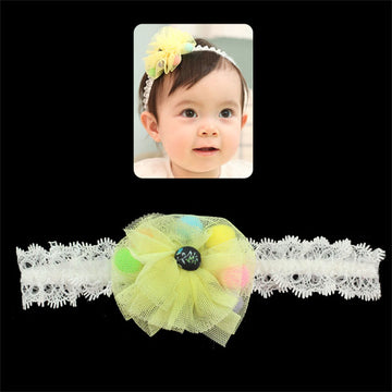Girls White Lace Stretch  Headband with Mesh Flower and Colorful Beads Yellow